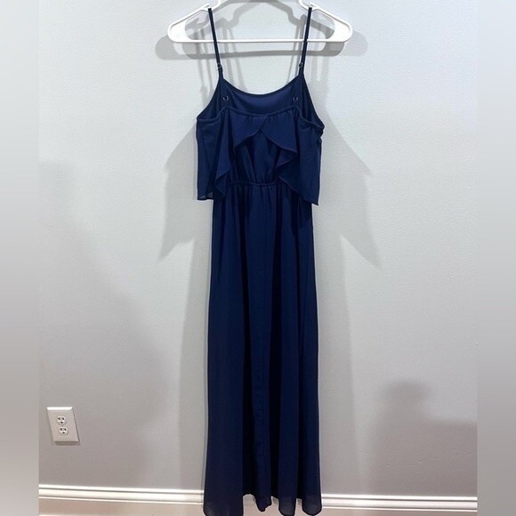 Navy blue ruffle chiffon maxi dress size XS - Picture 3 of 6